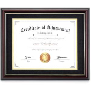ELSKER&HOME Diploma Frames 11x14 with Mat- Solid Cherry Wood - Display 11x14 Document/Certificate with Mat or 15x18 without Mat - Wall Mount Display (Double Mat, Black Mat with Golden Rim)