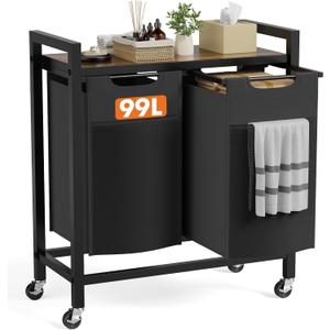 Sweetcrispy Laundry Hamper with 2 Pull-Out Removable Sorter Bags, Movable Wheels, Freestanding Clothes Basket Organizer in Bathroom, 2  13.1Gal (99L) Capacity, Rustic Brown and Black