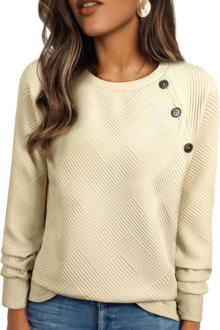 BLENCOT Crewneck Sweatshirt Long Sleeve Pullover Textured Fall Blouse Comfy | Button Business Casual Winter Blouse Loose Fit Oversized Shirts Outfits For Women Comfy Workout Tops Raglan Trendy Cozy Solid (Beige, XL)