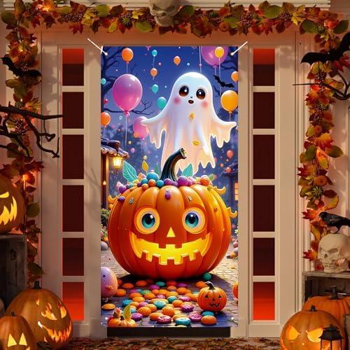 Halloween Door Cover, Funny Ghost Trick or Treat Front Porch Sign Banner, Cute Halloween Decoration and Supplies for Home