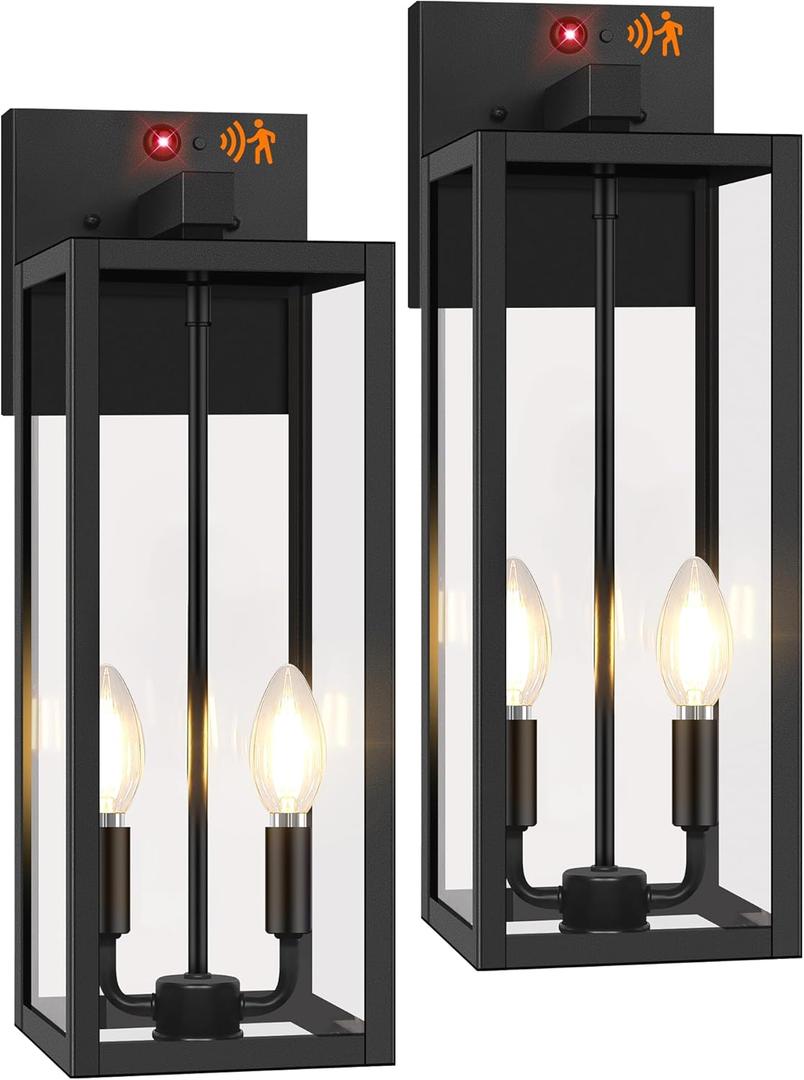 2-Pack Upgraded Motion Sensor Outdoor Wall Lights, 18” Large Dusk to Dawn Porch Lights Outdoor Wall Sconce Lantern, 3 Lighting Modes Exterior Lighting Fixtures, Black Outside Lights for House Garage