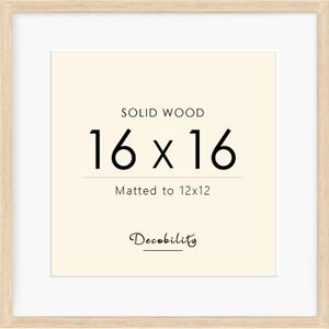 16x16 Picture Frame Made with Solid Wood, Display 12x12 with Mat or 16x16 Picture without Mat, Photo frame with Plexiglass, 12 by 12 Natural Wood Picture frame for Tabletop or Wall Mounting, Oak