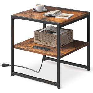 Tatub 20" End Table with Charging Station, Industrial Square Side Table with USB Ports & Outlets, Versatile 2-Tier Small Nightstand for Bedroom Living Room, Rustic Brown