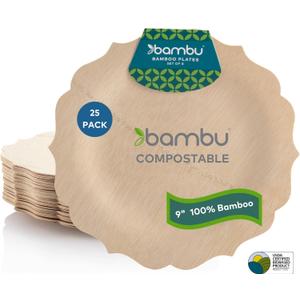 Bambu Pack of 25-9 Inch Disposable Bamboo Plates Fancy, Biodegradable Eco Friendly Products, Bamboo Disposable Plates for Party, Weddings, and Events, Great For Any Occasion, Compostable Plates