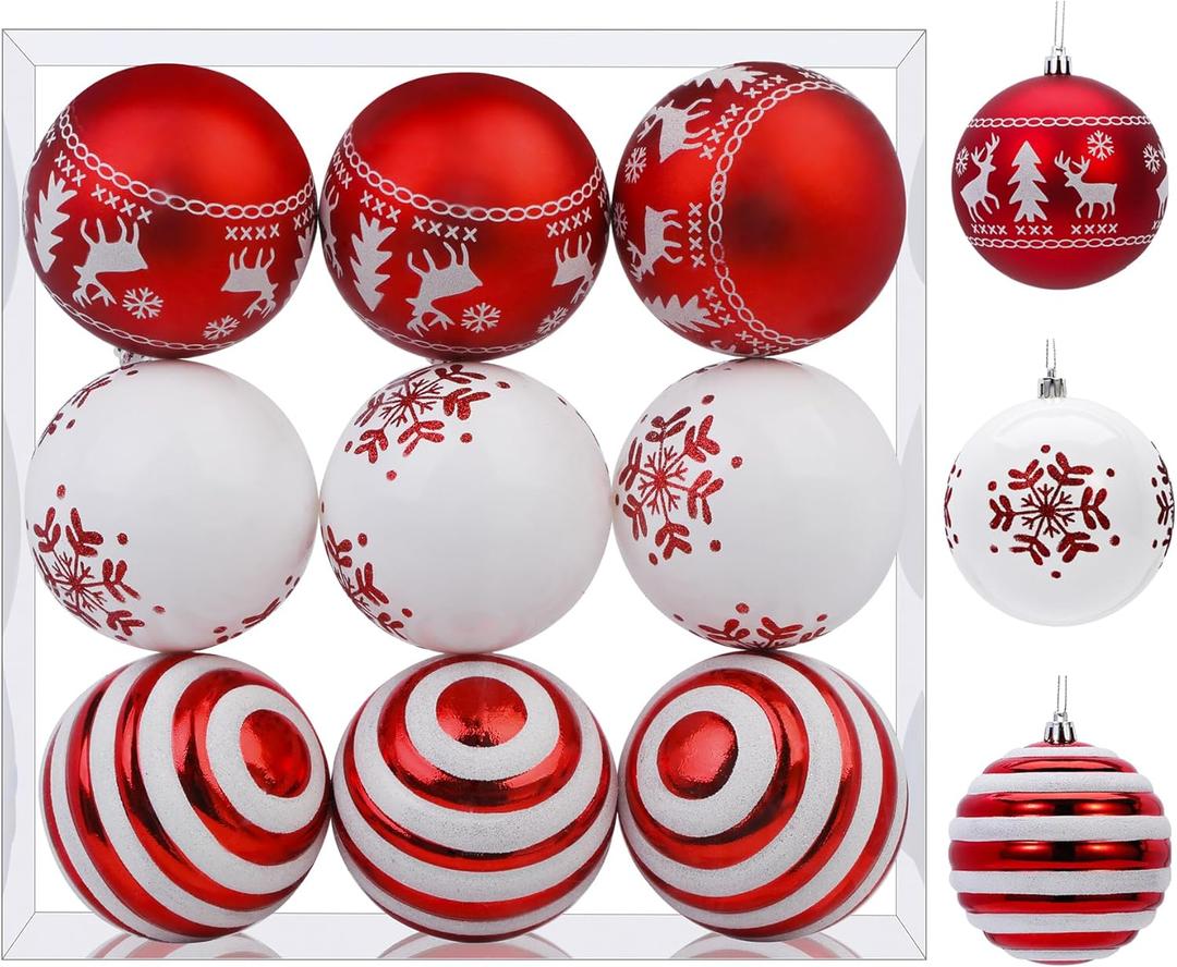SHareconn 9ct 3.94 Inch Christmas Tree Balls Ornaments, Colored Shatterproof Plastic Decorative Baubles for Xmas Tree Decor Holiday Party Wedding Decoration (Red & White, 10cm)