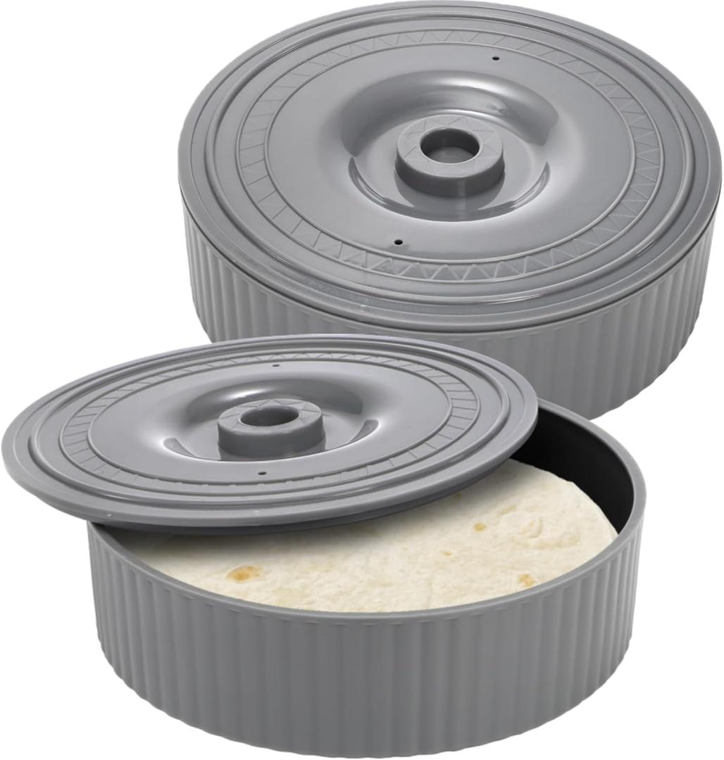Covzoe 2 Pack Tortilla Warmer, 8.5 x 2.5 Inch Tortilla Server with Lid, Taco Holder for Party, Pancake Keeper Perfect for Keeping Tortillas, Waffles Warm, Microwave Safe, Gray