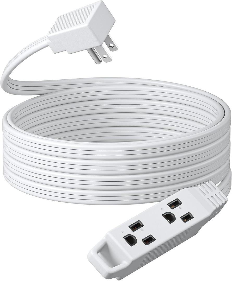 DEWENWILS 15FT Flat Plug Extension Cord, 3 Prong Ultra Thin Power Strip, 13A/125V/1625W, 16/3 Awg Grounded Flat Power Cable for Indoor Narrow Space, SPT-3 Cord, ETL Listed, White