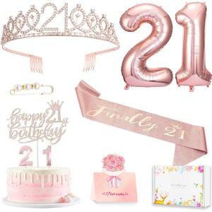 21st Birthday Gifts Decorations for Her, Including 21st Cake Toppers, Birthday Queen Sash with Pearl Pin, Sweet Rhinestone Tiara Crown, Number Candles and Balloons Set, Rose Gold