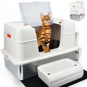 SZEE Stainless Steel Litter Box with Lid, Easy to Clean and NO Absorb Odor, Extra Large Litter Box with Open/Enclosed Modes, Includes Litter Scoop, Litter Mat & Trapping Box (White)