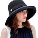Women Wide Brim Sun Hats Metal Wired Edge Summer UV Protection Beach Fishing Hat for Hiking Garden Travel Chin Strap (One Size, B2-fyu001-black)