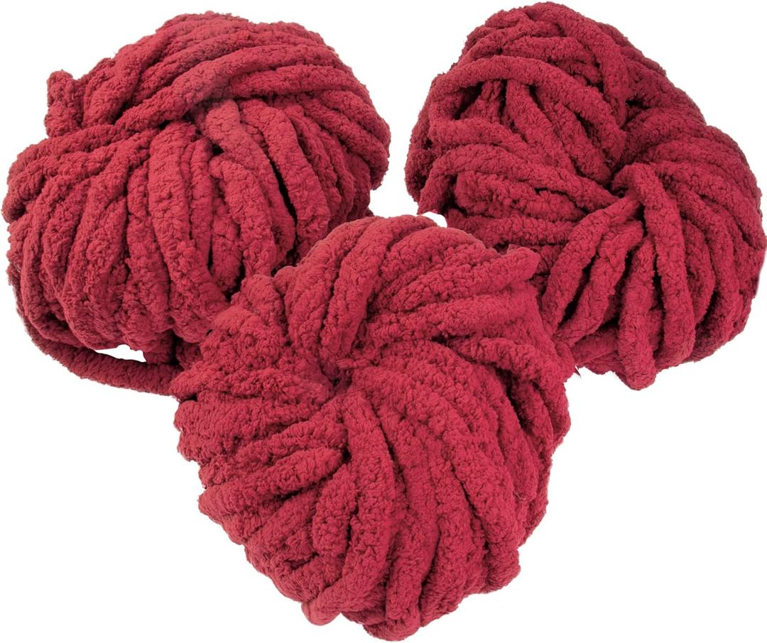 Chunky Yarn for Crocheting & Arm Knitting- Maroon 3 Pack Jumbo Chenille Yarn, 72 Yards Total, 20mm Super Soft & Thick for Mothers Day Gifts, Blankets, Pillows, Home Dcor & Spring Crafts