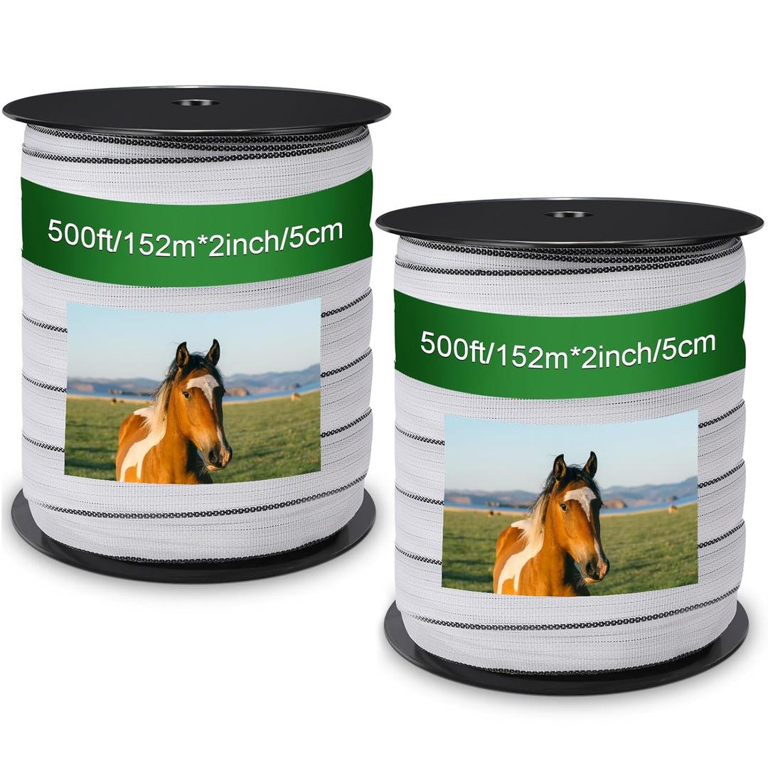 2 Pcs Poly Tapes for Electric Fence Horse Fence Tape Wire, 500 Feet(152.40m) Length Tape for Electric Fence, 2 Inch Wide(50.8mm) Fencing Tape for Livestock(White)