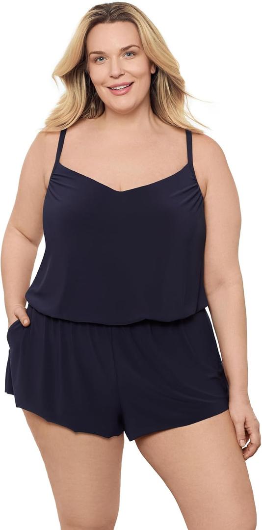 Aqua Green Women's V-Neck Blouson Slimming Swim Romper with Pocket (Blue, L)