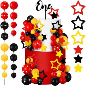 57 Pcs Black Red Yellow Ball Star Cake Topper Set Cartoon Cake Decorations with Flag DIY Insert Topper for One Two Years Happy Birthday Decorations Baby Shower Party Supplies(One Year)