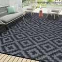 SAND MINE Waterproof Outdoor Rug 9x18 ft, Plastic Reversible Rug, Modern Area Rug, Large Floor Mat for Outdoors, RV, Patio, Backyard, Deck, Picnic, Beach, Camping, Black Grey Lattice