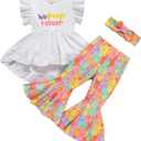 Noubeau Toddler Baby Girl Easter Outfits Ruffle Letter Rabbit Print Dress Shirt Top Leopard Bell-Bottom Flare Pant Headband (White)