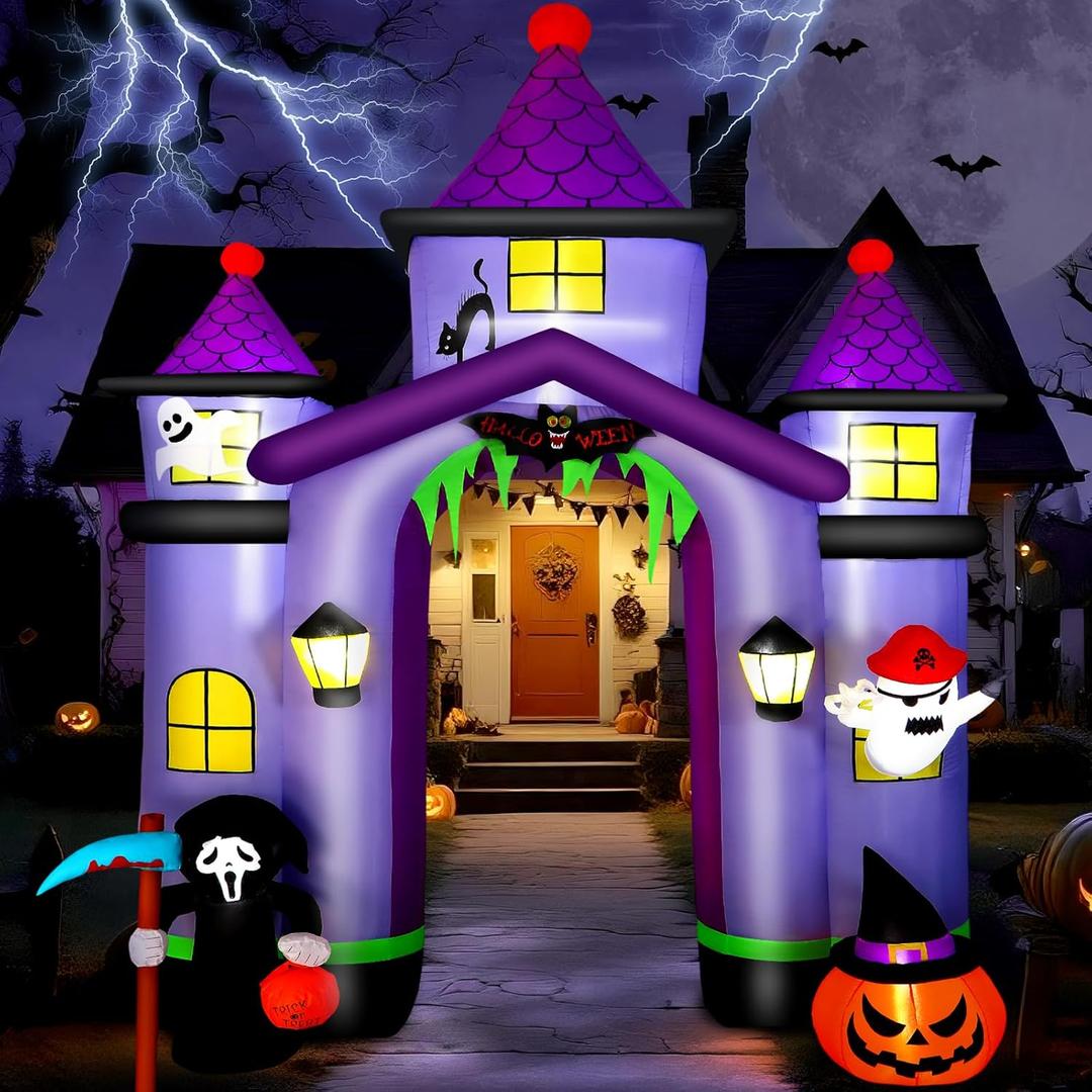 Alupssuc 11.6FT Halloween Inflatable Arch Outdoor Decoration with Built-in LEDs Lights, Large Blow Up Purple Castle Archway with Ghost & Pumpkin for Outside/Indoor Xmas,Yard,Garden,Lawn,Holiday Decor