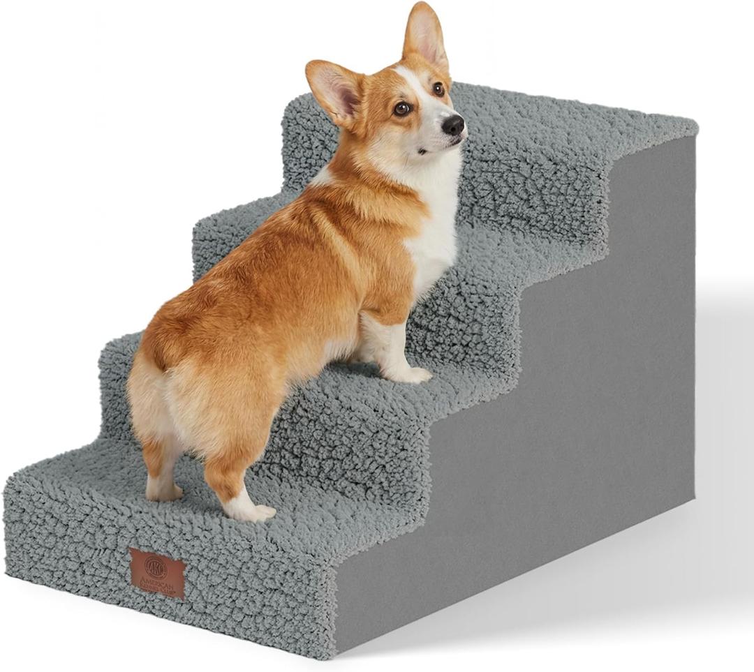 AKC 4-Step Pet Stairs Durable, Non-Slip Steps for Small Dogs and Cats, Washable Cover, Simple No-Tool Assembly, Supports Up to 50 lbs