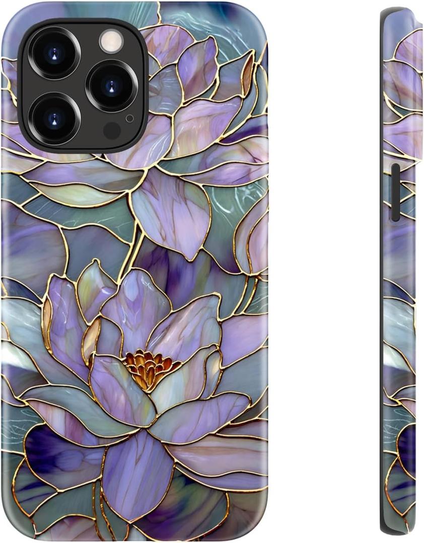ZADORN for iPhone 14 Pro Max Case Cute - Wireless Charging Compatible - Dual-Layer Soft Silicone + Hard Shell - Trendy Floral Design - Glossy Phone Cover for Women - Blooming Purple Lotus