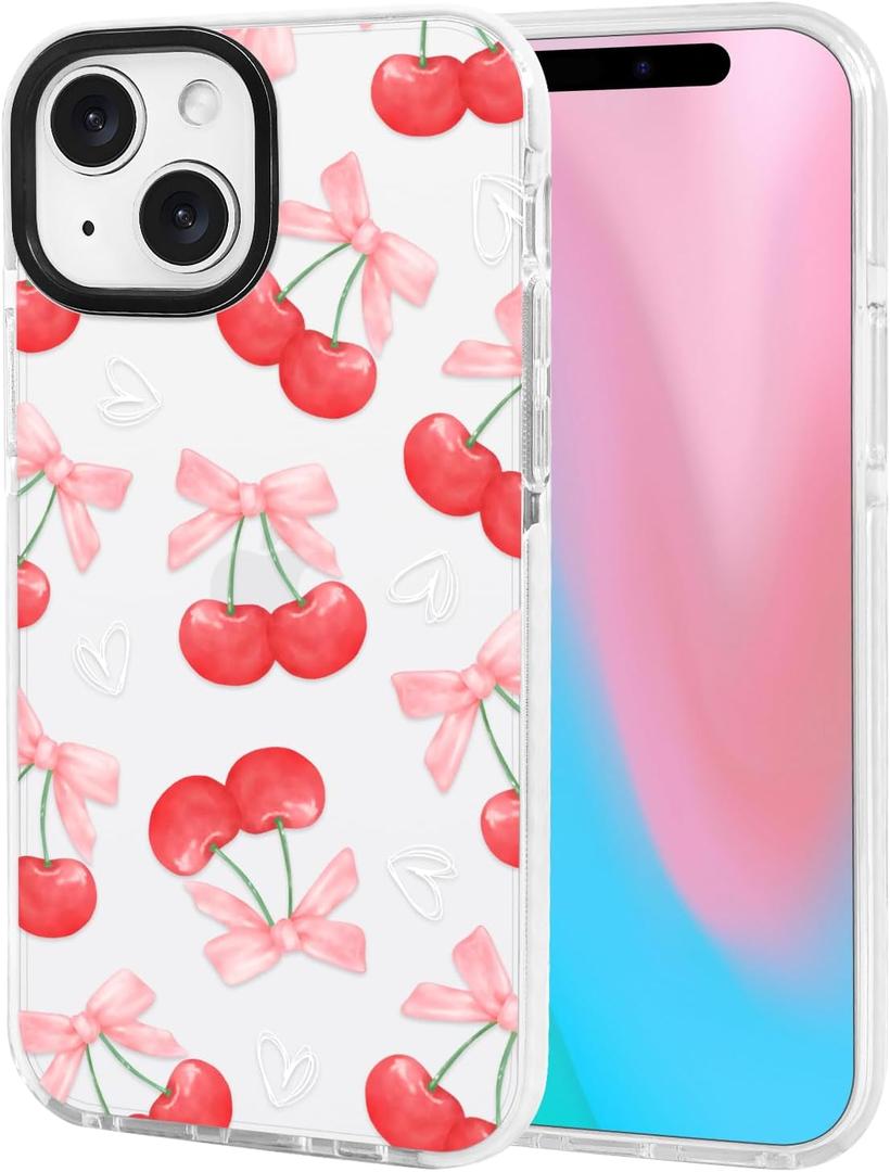 ChiCsFleur for iPhone 13 / iPhone 14 Case, TPU Phone case with Camera Protection for Women Girls Teens - Red Cherry Pink Artsy Coquette Bow Heart Clear Fruit Sorority Aesthetic Unique