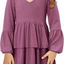 storeofbaby Girls Long Sleeve Dress Casual V Neck Loose Fit Flowy Swing Dresses 4-13 Years (L)