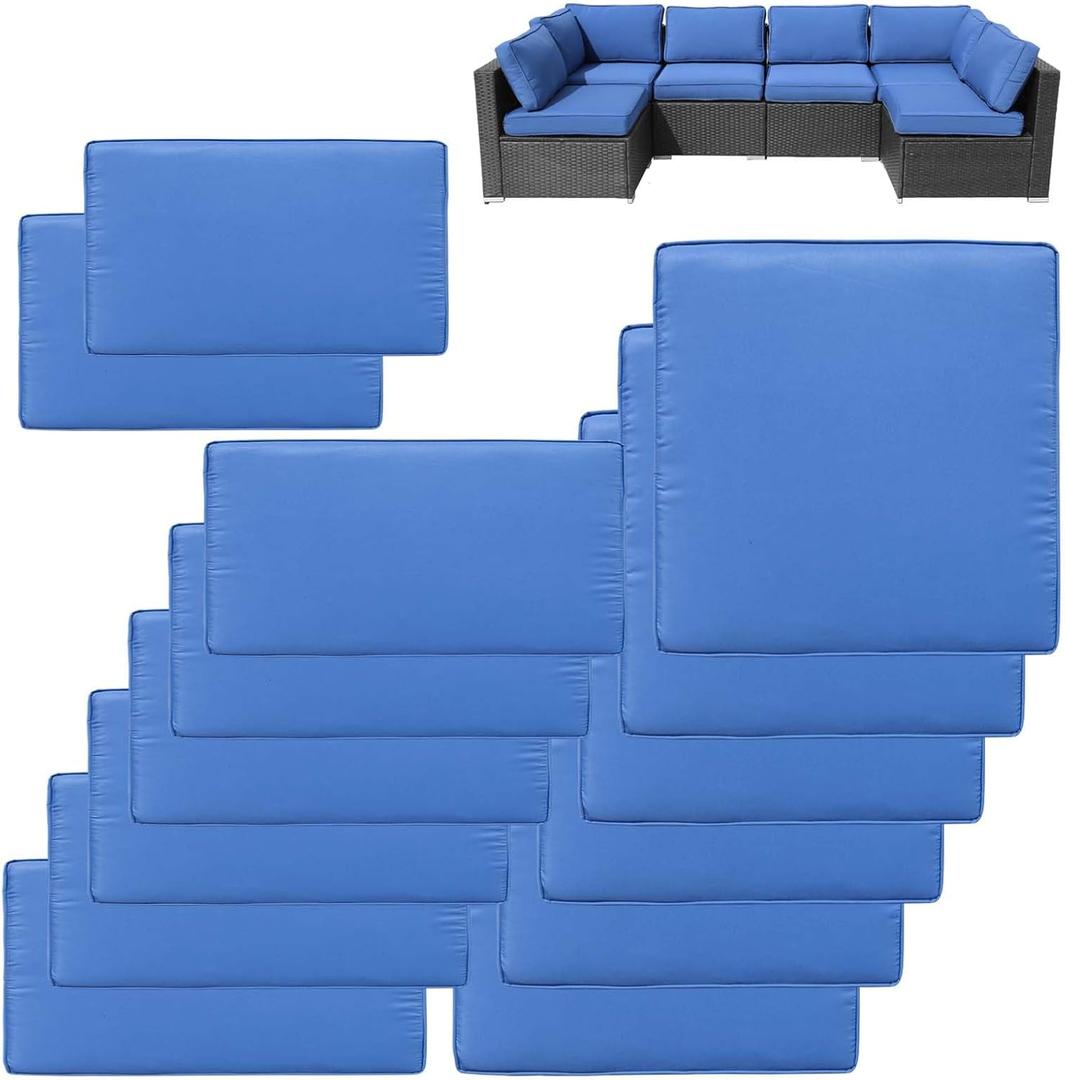 14Pcs Patio Cushion Covers Replacement Splashproof UV-Resistant Inelastic Covers with Zippers, Max Compatible 25.6x25.6x4inch Patio Cushion, for 7 Pcs Outdoor Patio Furniture Sets (Bright Blue)