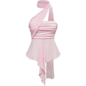 OYOANGLE Women's Sheer Ruffle Trim Halter Tops Asymmetrical Hem Ruched Sleeveless Fitted Crop Tops Y2K Party Top (X-Large, Pink)