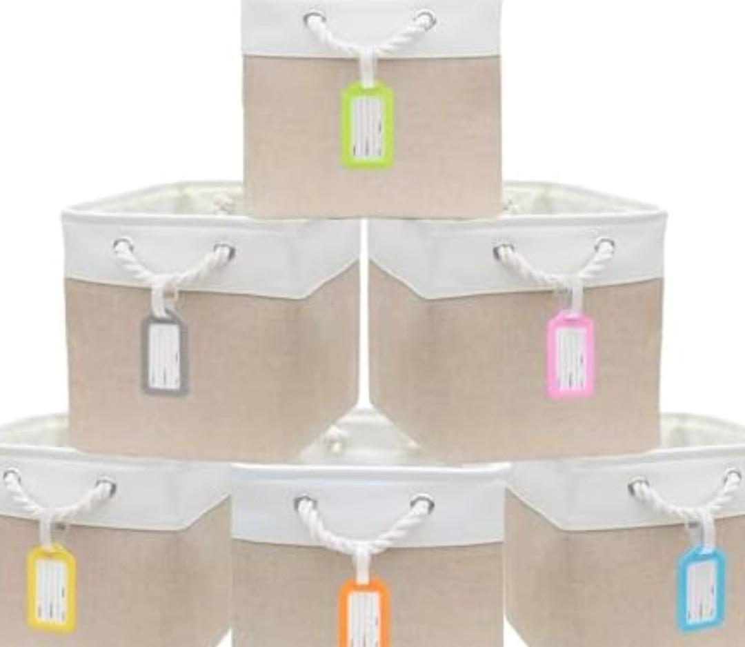 MANCHUANG 4 Pack Cube Storage Bins, 11 x 11 Inch Stitching Color Collapsible Fabric Storage Basket with Ropes, Foldable Storage Cubes for Home, Office,Closet, Clothes (White & Beige)