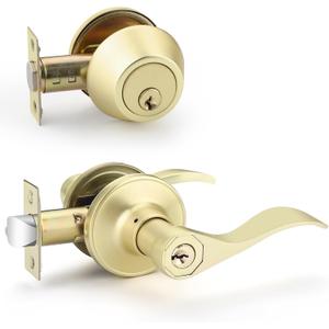 EHOMEWARE Door Handleset with Single Cylinder Deadbolt 4 Pack, Entry Lever Door Handle and Deadbolt Lock and Key Combo Pack - Wave Style Locking Lever Set for Left or Right-Handed Doors (Satin Brass)