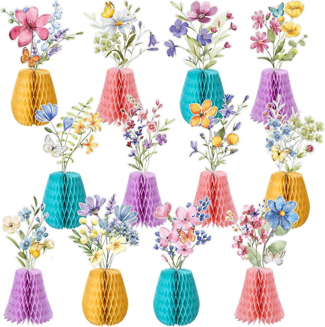 Vicenpal 12 Pcs Wildflowers Honeycomb Centerpieces Spring Wildflowers Party Decorations 3D Spring Table Decor Flower Centerpieces for Easter Birthday Party Office Home Decorations