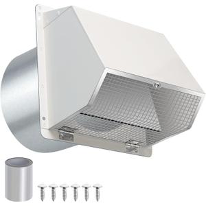 12 Inch Hooded Wall Vent with Screen and Damper, Outdoor Wall Exhaust Vent Cover Cap for Duct Dryer Range Hood Exterior Heating Cooling Ventilation and Outside Air Exhaust, Galvanized Steel, White