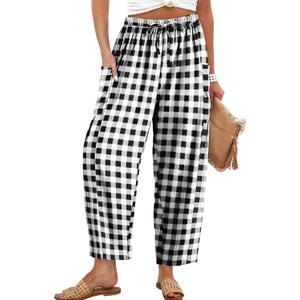 Angerella Womens Cotton Linen Palazzo Pants Drawstring Elastic Waist Harem Pants Casual Wide Leg Gingham Trousers with Pockets XX-Large