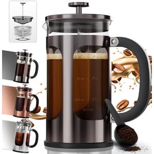 BAYKA French Press Coffee Maker 34 Ounce 1 Liter, Borosilicate Glass Stainless Steel Brewer, Large Portable Cold Brew Cafetera Teapot for Kitchen Travel Camping Coffee Bar Accessories, Dark Pewter