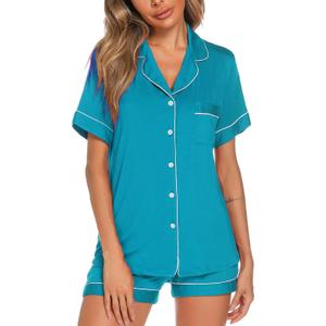Aamikast Button Up Pajama Set for Women Shorts Short Sleeve Knit Sleepwear 2 Pice Pjs Sets (L)