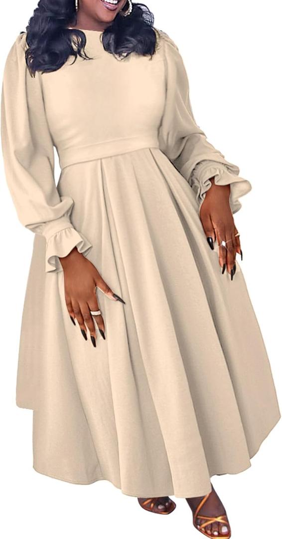 SHINFY Women Fall Plus Size Maxi Dress Casual Long Sleeve A Line Ruffle Pleated Elegant Long Dresses Wedding Cocktail, 1XL