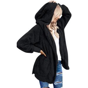 LookbookStore Womens Cardigan 2026 Winter Oversized Open Front Fleece Hooded Draped Pockets Jacket Coats (XS)