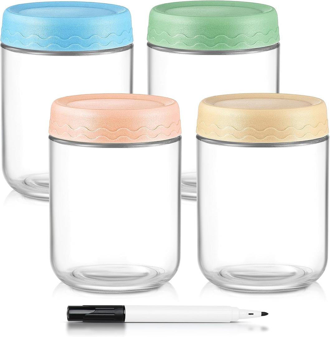 DRKIO 16 Oz Overnight Oats Containers with Lids - 4 Pack Glass Storage Jars with Airtight Lids Wide Mouth Mason Food Jars Great for Meal Prep Salad Chia Pudding Snacks Yogurt Sugar Spice Cereal
