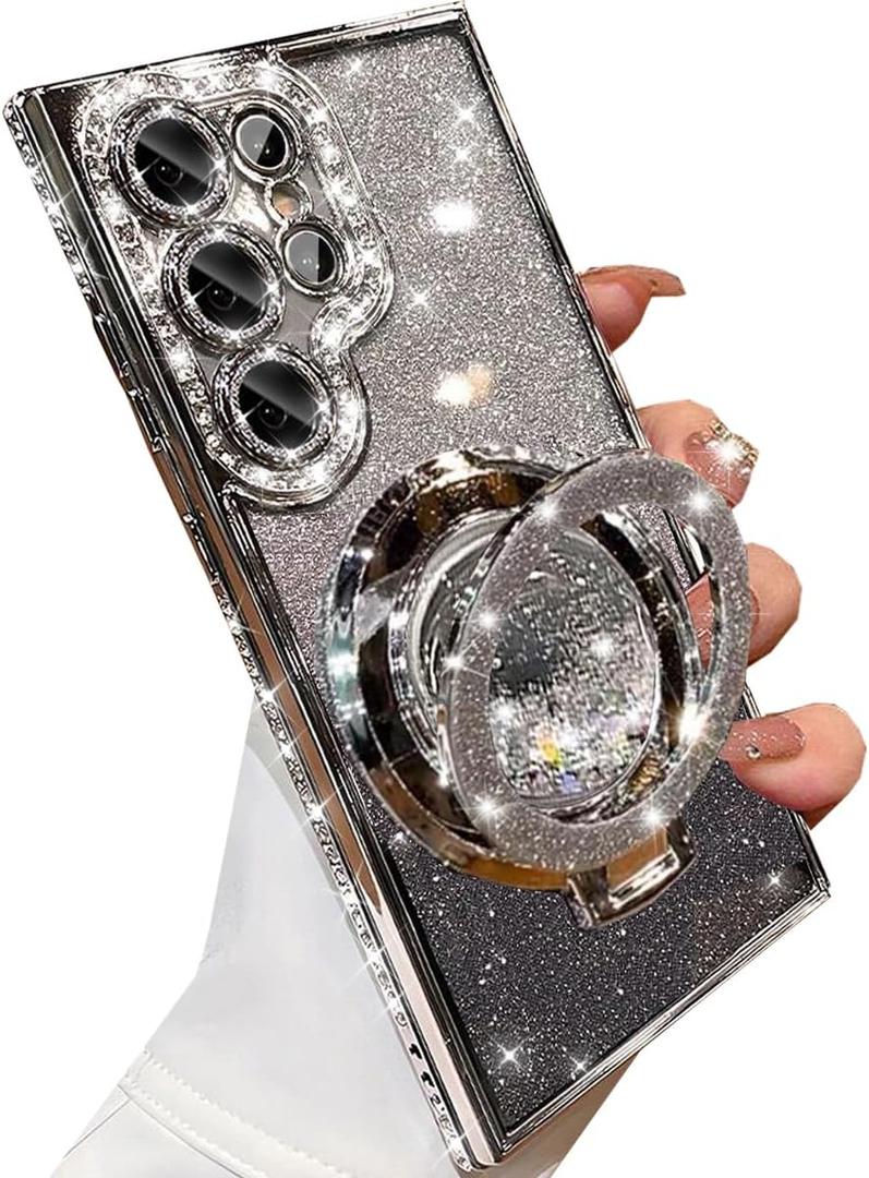 for Samsung Galaxy S24 Ultra Glitter Kickstand Case,Luxury Bling Sparkly Diamond Rhinestone with Camera Protector Liquid Ring Stand Women Girls Clear Phone Case for Galaxy S24 Ultra (Silver)