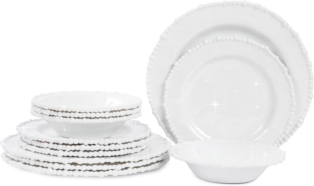 White Pearl Melamine Dinnerware Set, 12-Piece Plastic Dinner Dishes Set, Service for 4 Unbreakable Kitchen Plates and Bowls Set