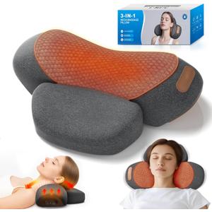 3-in-1 Neck Massager Pillow with Heating and Cervical Traction Deep Tissue Massage for Pain Relief, Ergonomic Shoulder Massage Pillow, Neck Hump Corrector Ideal Gift for Women and Men Corded