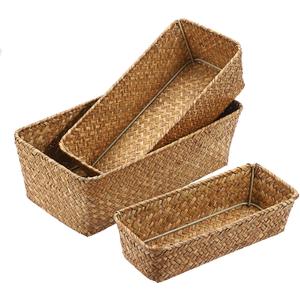 3 Natural Wicker Basket Set Rectangular Handwoven Seagrass Basket Storage Bins Home Organizer Bins - Household Basket Box for Shelf Wardrobe Desktop Home Decor (Caramel)