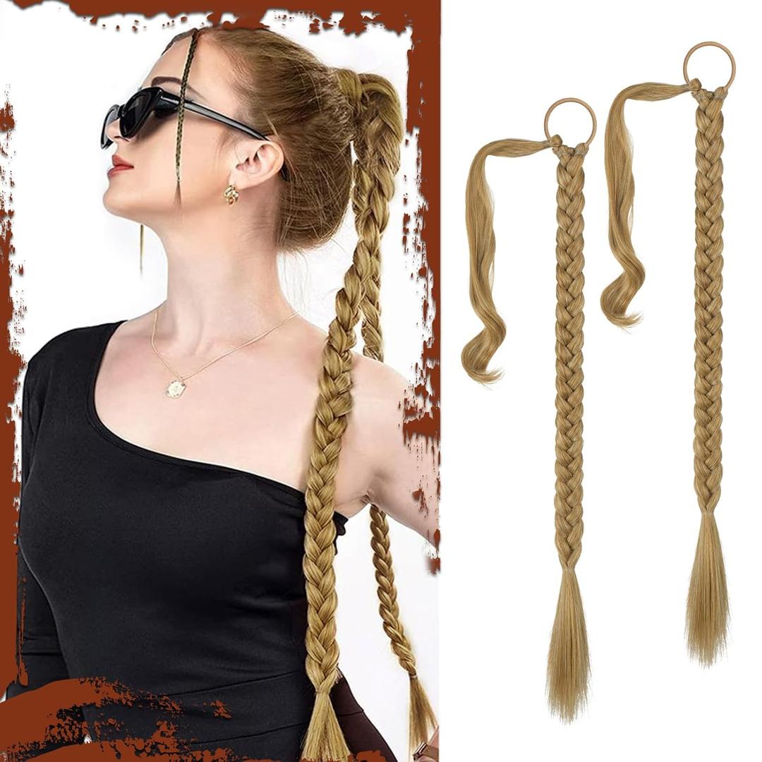 SOFEIYAN Long Braid Ponytail Extension with Hair Tie Straight Sleek Wrap Around Hair Extensions Braid Pony Tail Fluffy Natural Soft Synthetic Hairpieces for Women Daily Wear, 2Pcs 26 inch (Blonde with Pale Gold Highlights)
