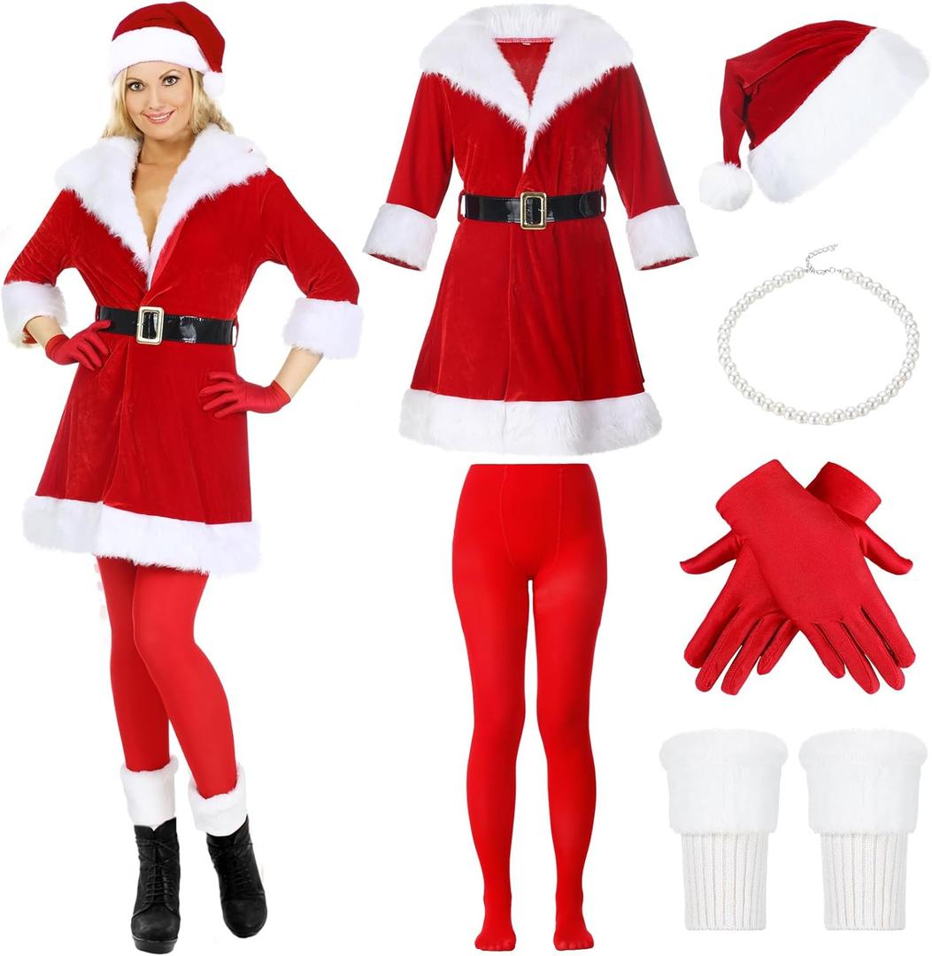 Jamntower 6 Pcs Santa Claus Costume Women Adult May Cosplay Christmas Dress with Belt Hat Necklace Gloves for Xmas Party(Red,XL)