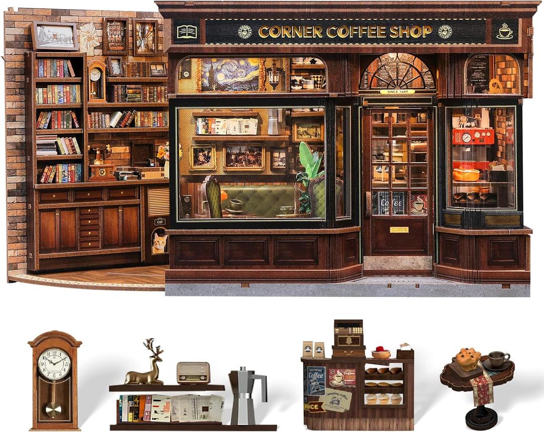 CUTEBEE Book Nook Kit - DIY Miniature House Coffee Shop Dollhouse Kit for Adults, Booknook Tiny House Bookshelf Decor 3D Wooden Puzzle, Gifts for Family, Friends (Corner Coffee Shop)