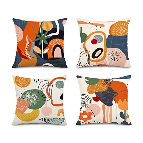 Jartinle Abstract Mid Century Modern Throw Pillow Covers 18x18 Colorful Boho Orange Aesthetic Floral Geometric Pillow Covers for Couch Outdoor Decor Set of 4