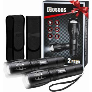 COSOOS 2 Tactical Flashlights with Holsters, Bright LED Flashlight 1000 Lumen, 5 Mode Portable Zoomable Waterproof Flash Light for Hiking, Outdoor Camping Gear Essential, No AAA Battery (2-Pack)