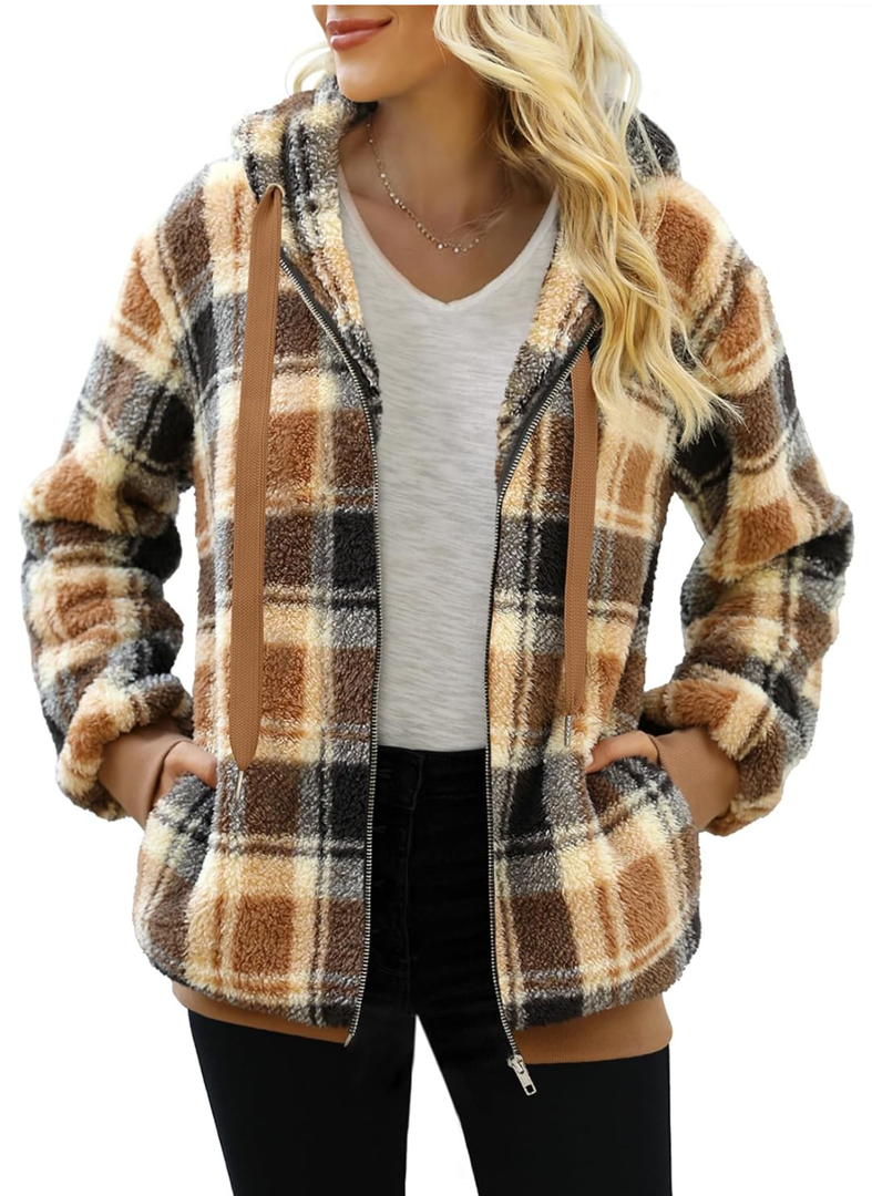 Nirovien Womens Sherpa Jacket Fuzzy Zip Up Hoodie Oversized Fleece Jackets Fluffy Coat with Pockets 2XL