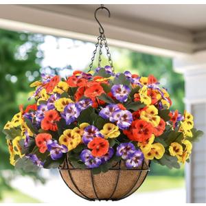 12 Bundles Artificial Hanging Flowers with Basket for Plants Outdoors,UV Resistant Fake Pansies Faux Silk Flowers for Outside Planter Front Door Porch Yard Home Decor, Purple Yellow Orange