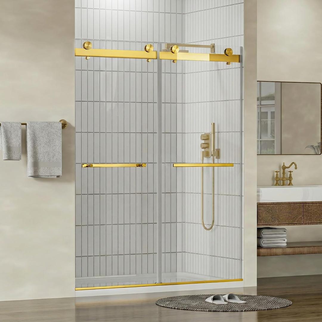 Findepot 56"-60" W x 75" H Frameless Shower Door, Double Sliding Shower Door,5/16"(8mm) Clear Tempered Glass,Silent Soft-Close Design,Brushed Gold