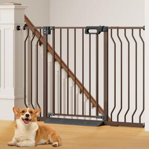 Mom's Choice-GROWNSY Baby Gate for Stairs, 29.5"-48.4" Pressure Mounted Baby Gate for Top of Stair & Doorway with V-Shaped Rods, Anti-Trip Pedal, Wide Stairs Dog Gate Easy Install w/Red Reminder, Brown